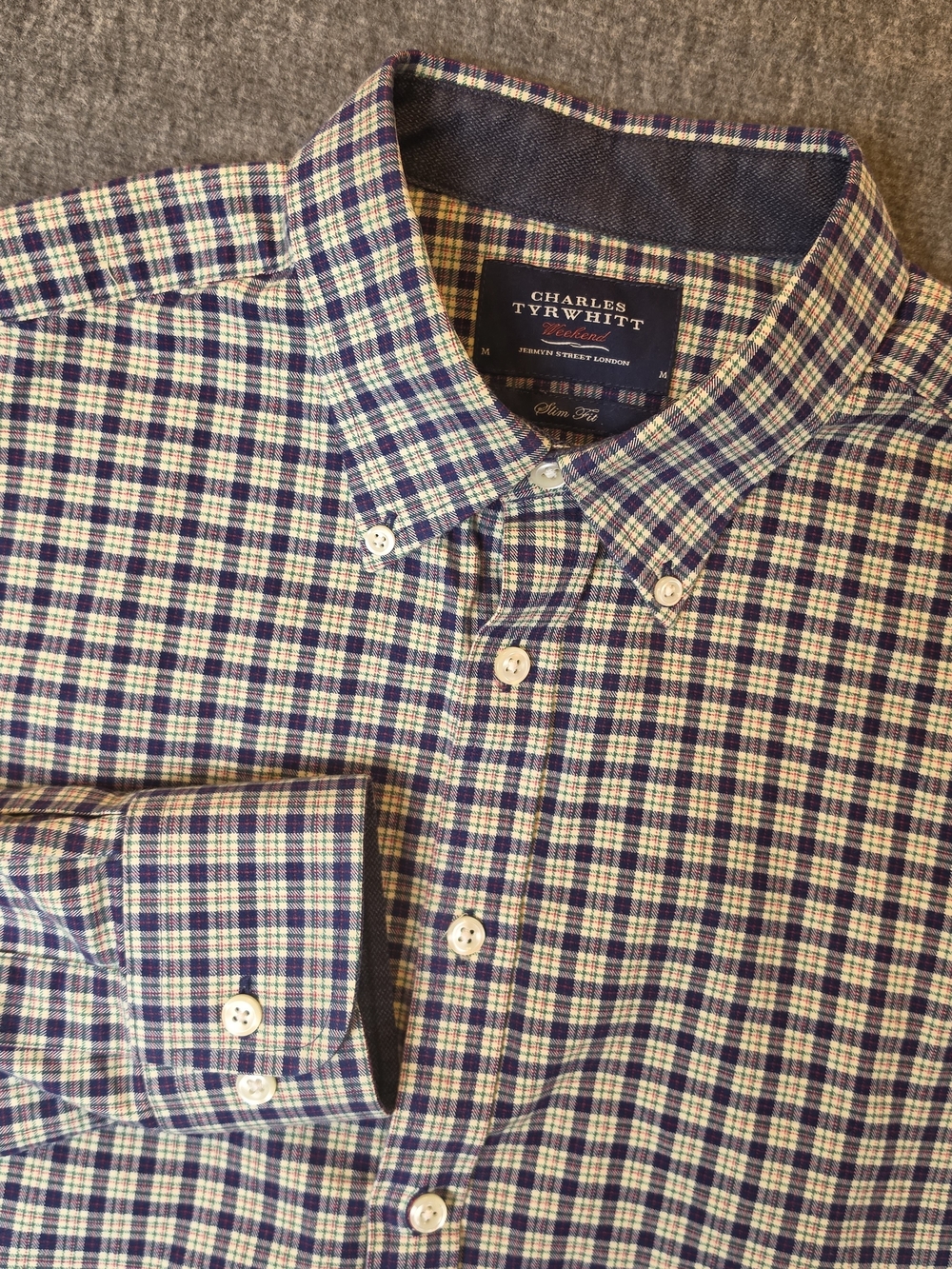 Charles Tyrwhitt Men's Medium Purple Tan Check Button-Down Shirt Slim Fit Preppy